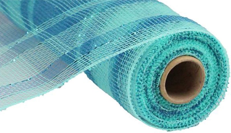 Craig Bachman Plaid Metallic Deco Poly Mesh Ribbon - 10 inch x 30 feet (Aqua, Turquoise) - Image 1